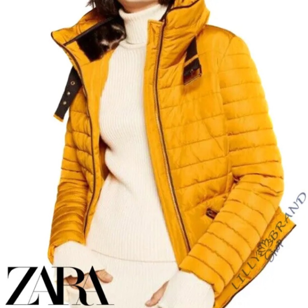 Zara Basics Mustard Yellow Belted Faux Fur Collar Puffer Coat Size M